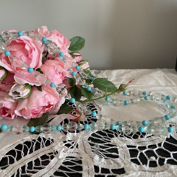 1970s Boho Clear Crystal and Blue Bead Long Necklace - Picture 6 of 10